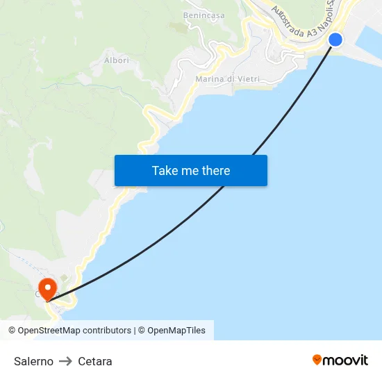 Salerno to Cetara map