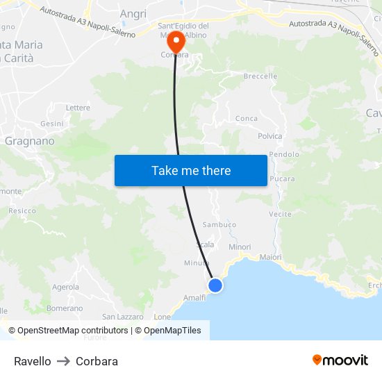 Ravello to Corbara map