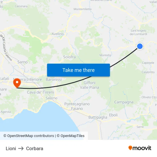 Lioni to Corbara map