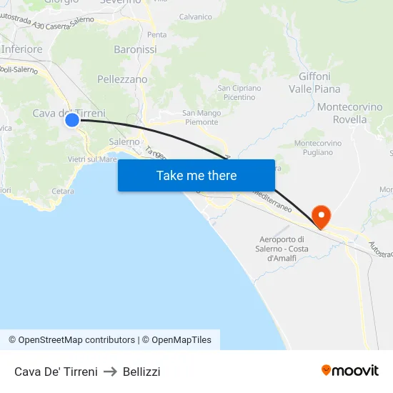 Cava De' Tirreni to Bellizzi map