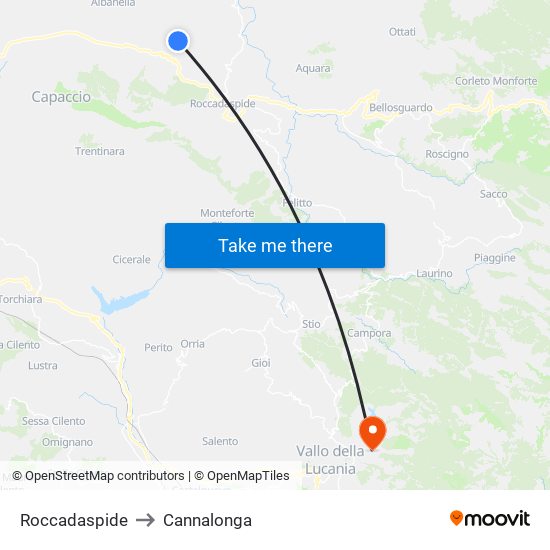 Roccadaspide to Cannalonga map