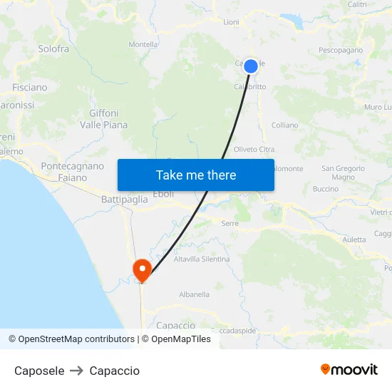 Caposele to Capaccio map