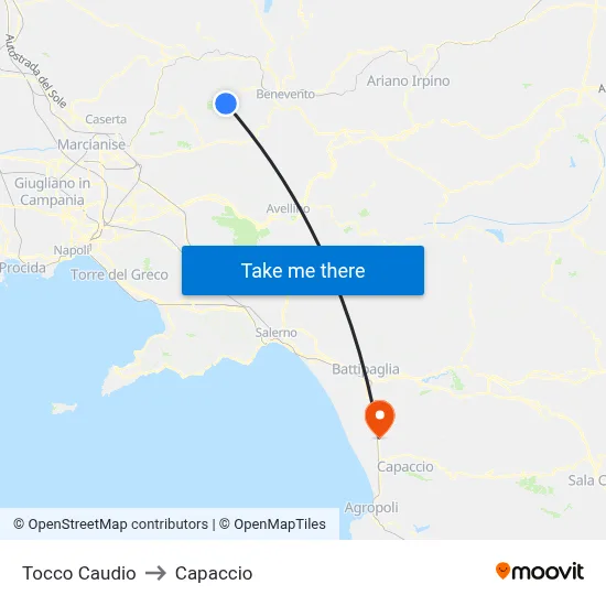 Tocco Caudio to Capaccio map