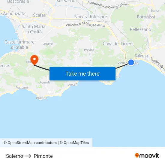 Salerno to Pimonte map