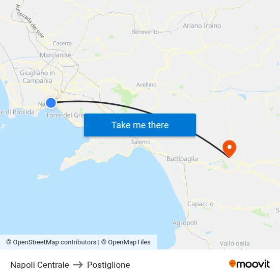 Napoli Centrale to Postiglione map