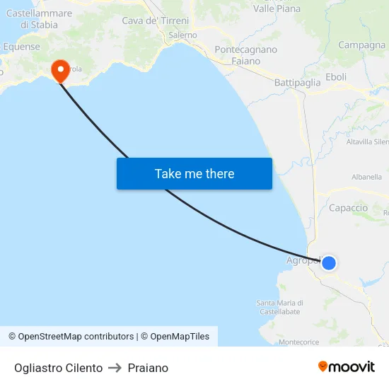 Ogliastro Cilento to Praiano map