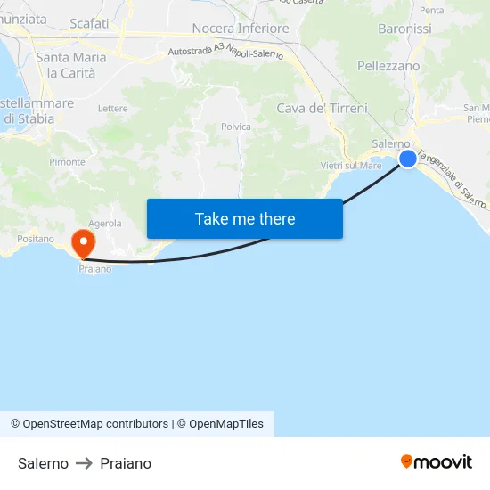 Salerno to Praiano map