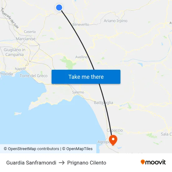 Guardia Sanframondi to Prignano Cilento map