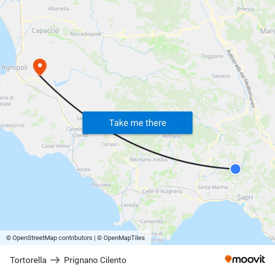 Tortorella to Prignano Cilento map