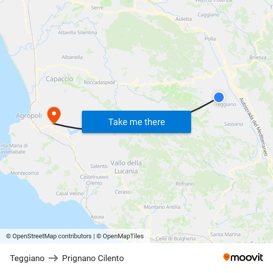 Teggiano to Prignano Cilento map