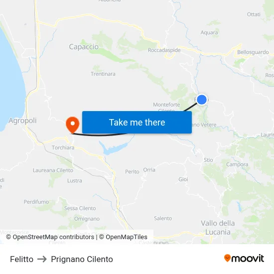 Felitto to Prignano Cilento map