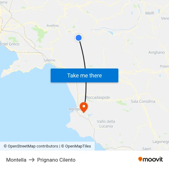 Montella to Prignano Cilento map