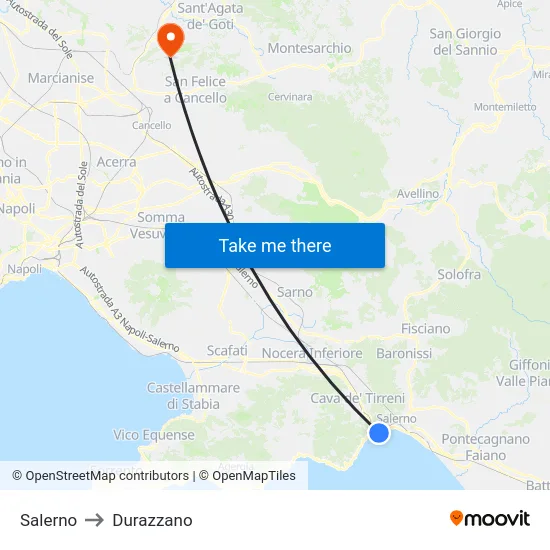 Salerno to Durazzano map