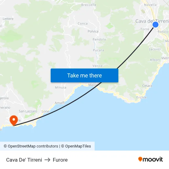 Cava De' Tirreni to Furore map