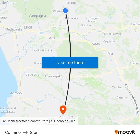 Colliano to Gioi map