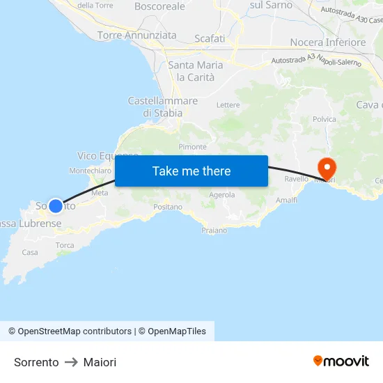 Sorrento to Maiori map