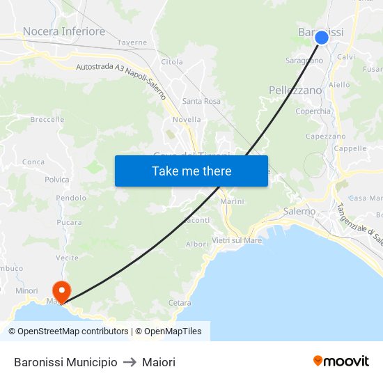 Baronissi Municipio to Maiori map