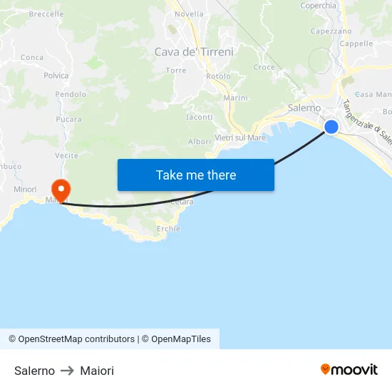 Salerno to Maiori map