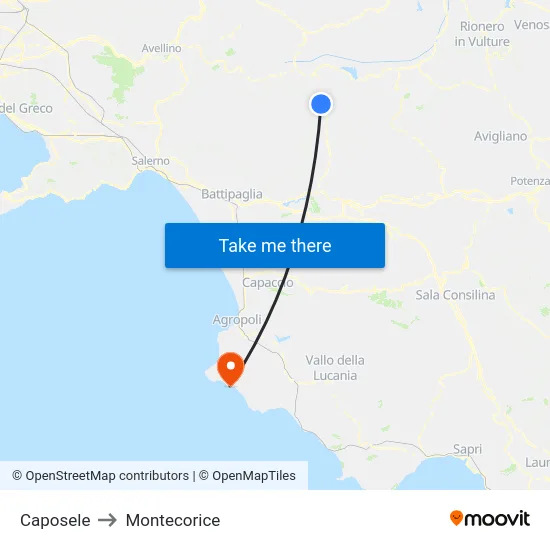 Caposele to Montecorice map