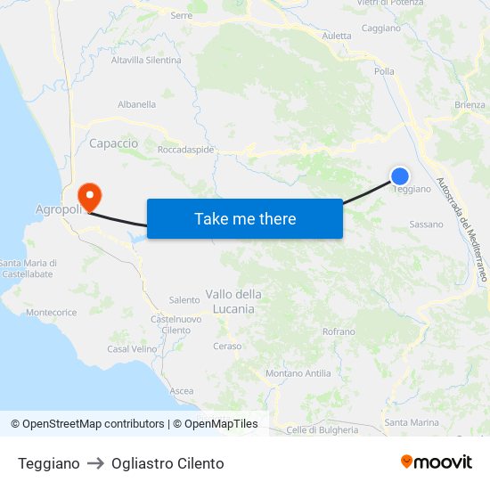 Teggiano to Ogliastro Cilento map