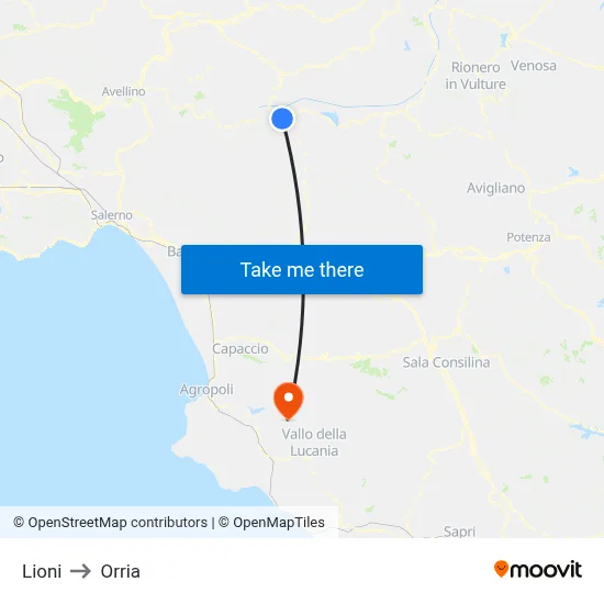 Lioni to Orria map