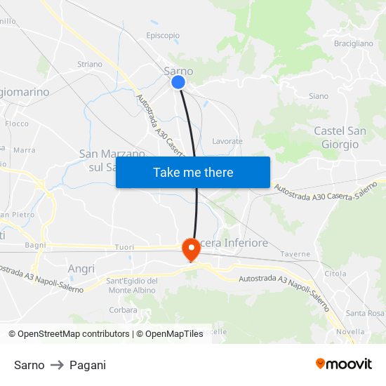 Sarno to Pagani map