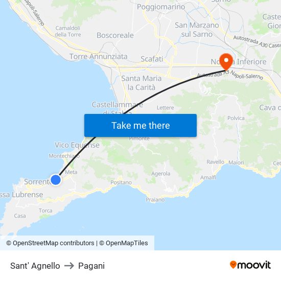 Sant' Agnello to Pagani map