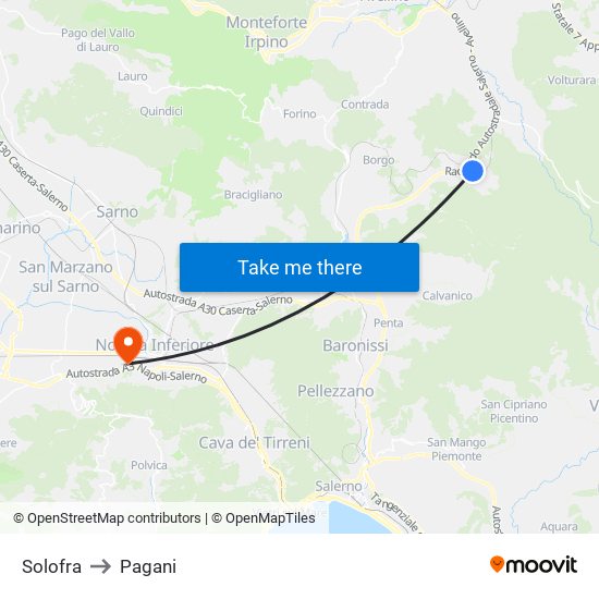 Solofra to Pagani map