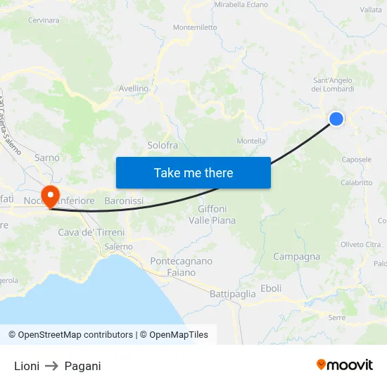 Lioni to Pagani map