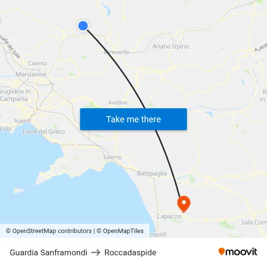 Guardia Sanframondi to Roccadaspide map