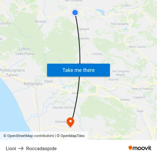 Lioni to Roccadaspide map