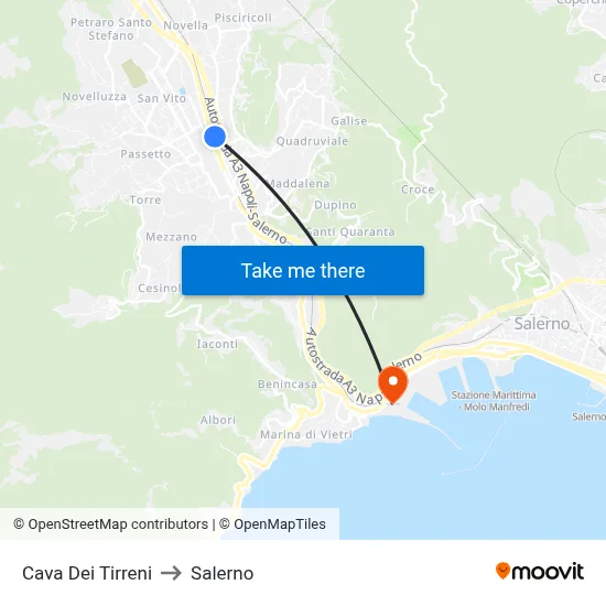 Cava Dei Tirreni to Salerno map
