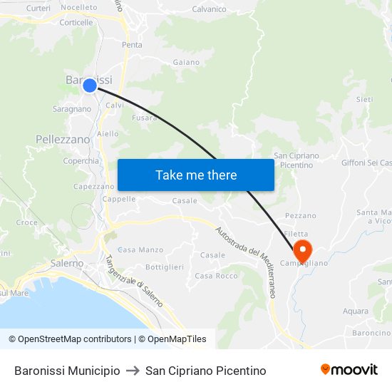 Baronissi Municipio to San Cipriano Picentino map