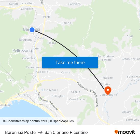 Baronissi Poste to San Cipriano Picentino map