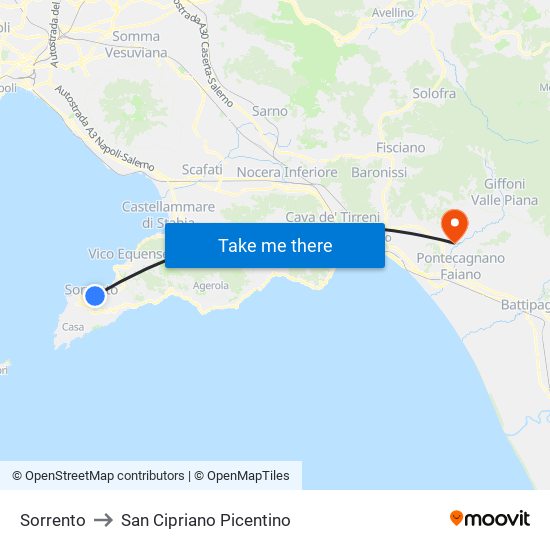 Sorrento to San Cipriano Picentino map