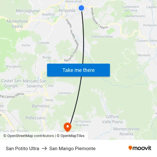 San Potito Ultra to San Mango Piemonte map
