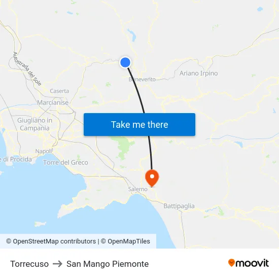 Torrecuso to San Mango Piemonte map