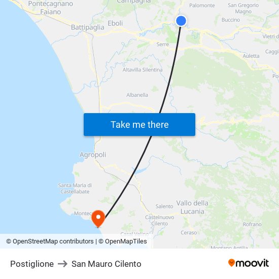 Postiglione to San Mauro Cilento map