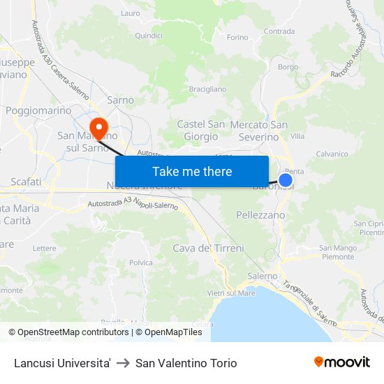 Lancusi Universita' to San Valentino Torio map