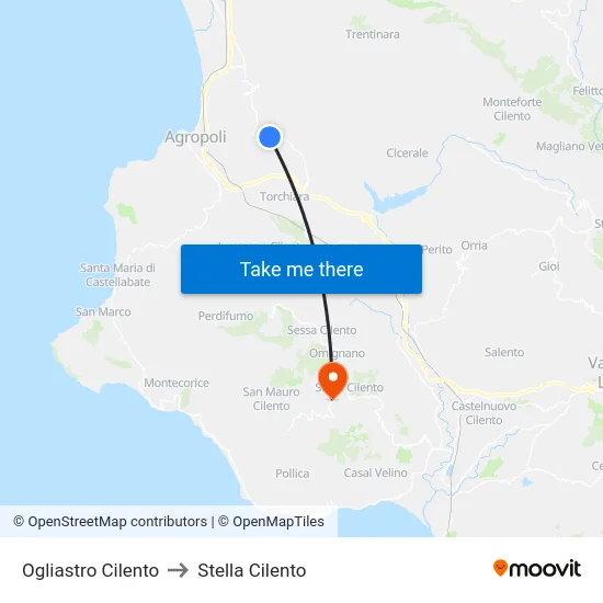 Ogliastro Cilento to Stella Cilento map