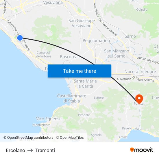 Ercolano to Tramonti map