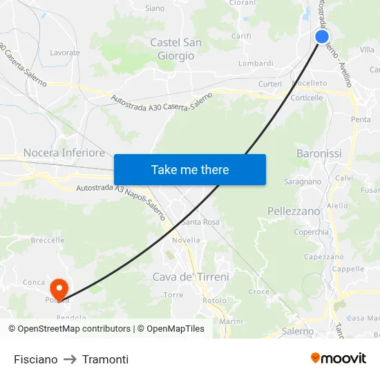 Fisciano to Tramonti map