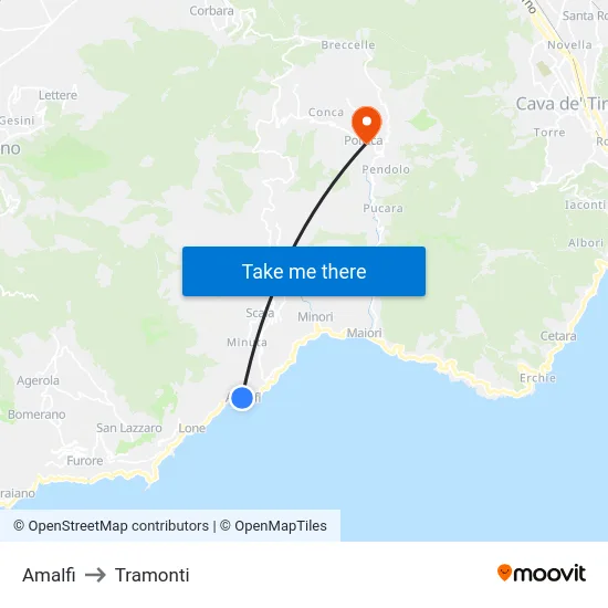 Amalfi to Tramonti map
