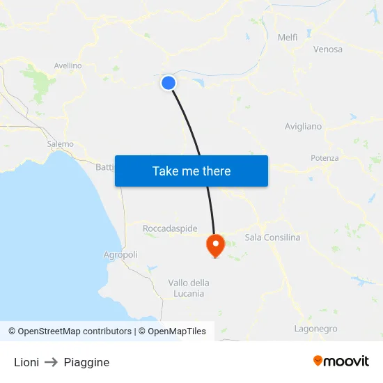 Lioni to Piaggine map