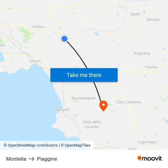 Montella to Piaggine map