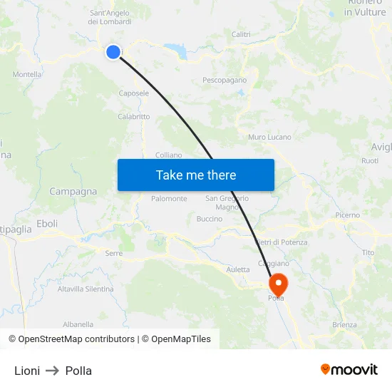 Lioni to Polla map
