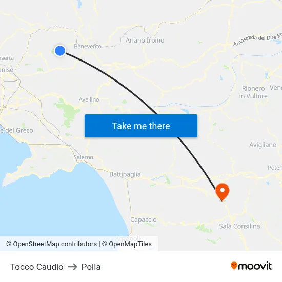 Tocco Caudio to Polla map