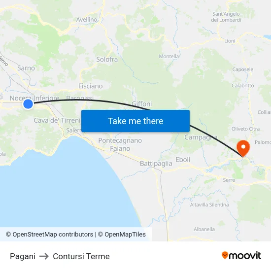 Pagani to Contursi Terme map