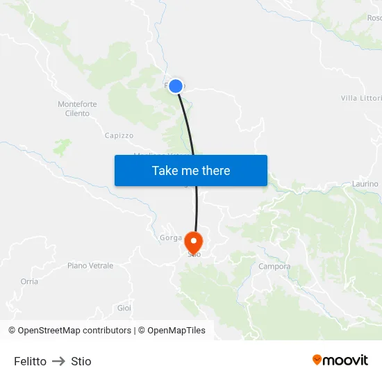 Felitto to Stio map