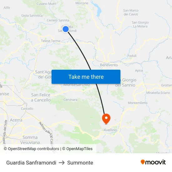 Guardia Sanframondi to Summonte map